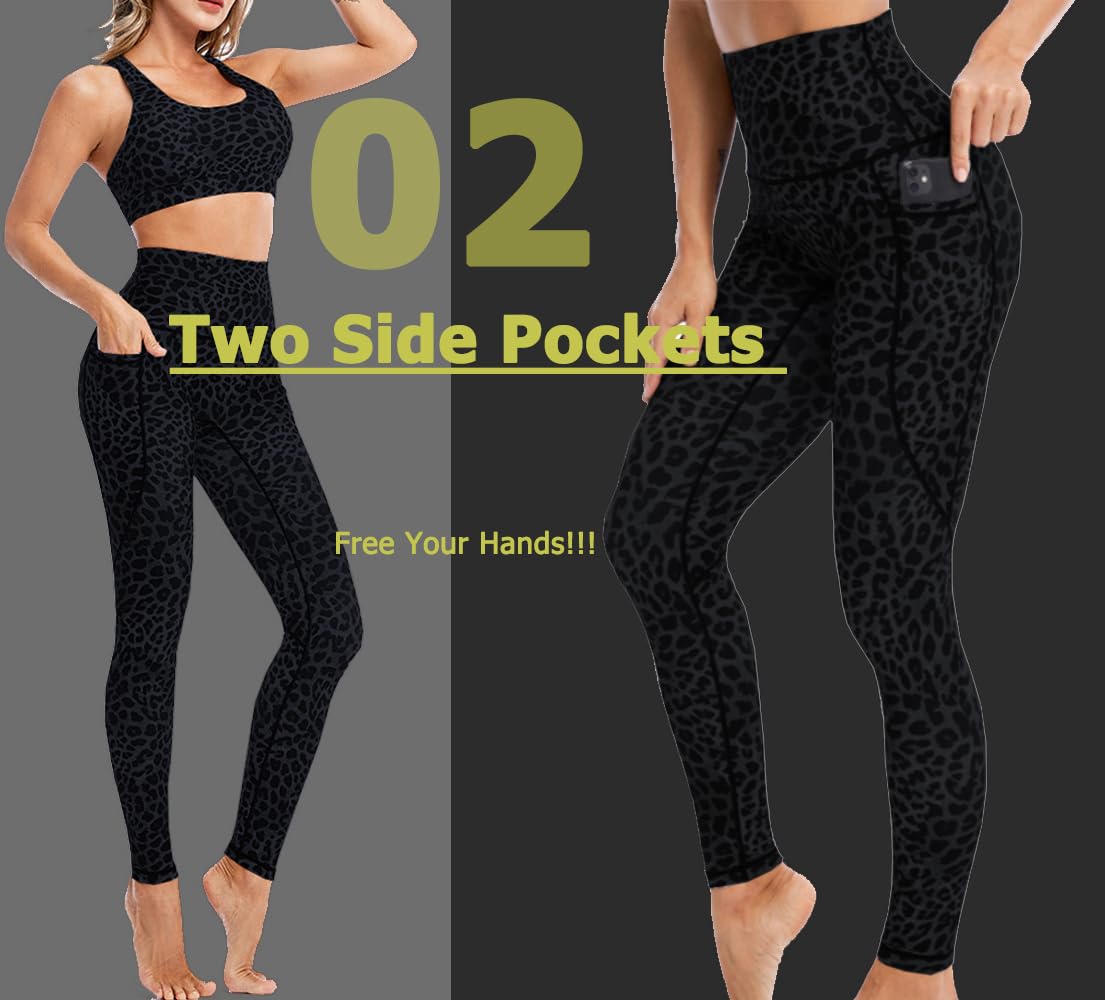 FASHICONS - Leggings de yoga para mujer de cintura alta, con estampado de leopardo, color gris oscuro, azul, con bolsillos, suaves, a prueba de sentadillas, control de abdomen, pantalones de