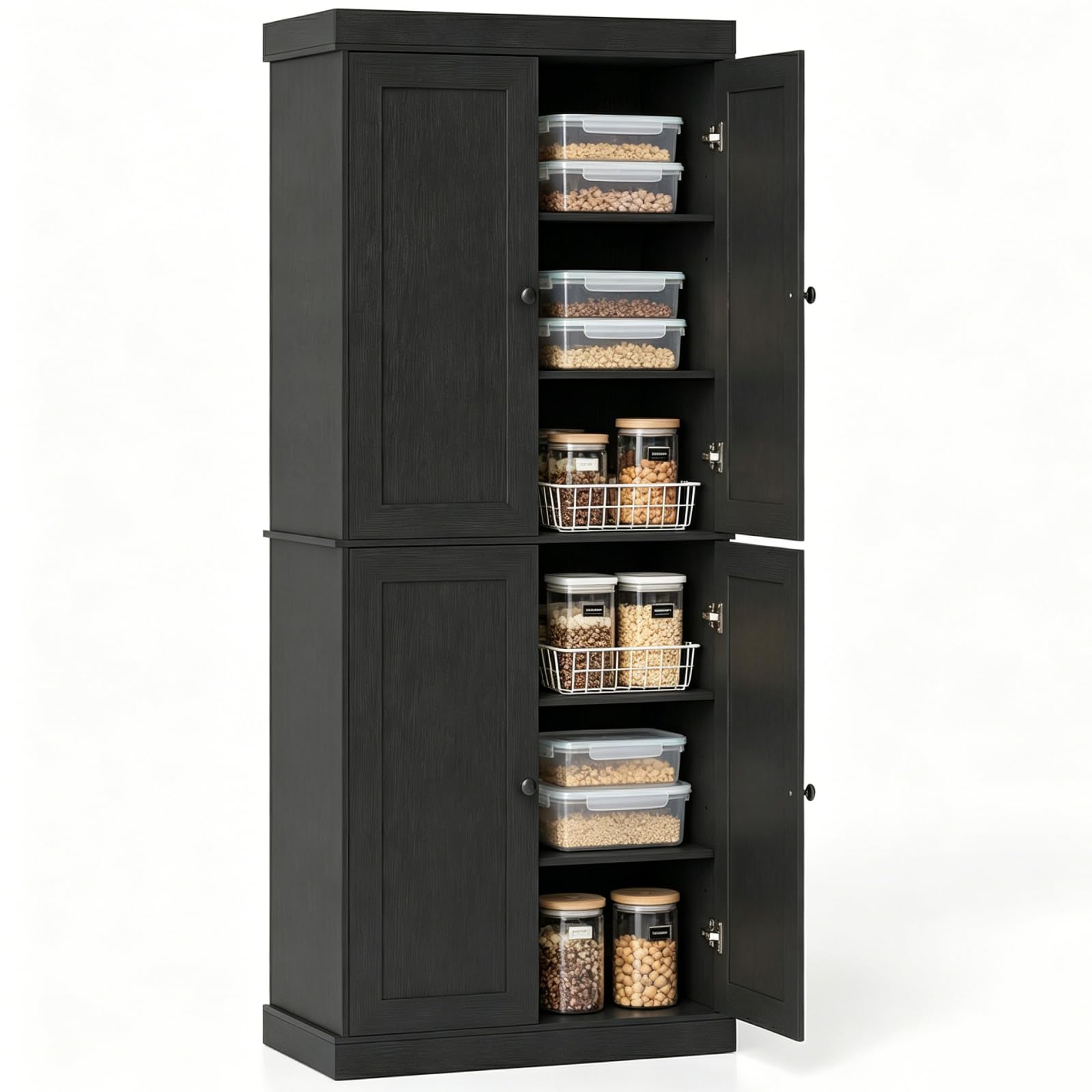 TANGZON 185cm Tall Kitchen Cupboard, 6-Tier Tall Storage Cabinet with 4 Doors & 2 Adjustable Shelves, Freestanding Wooden Sideboard Unit for Pantry Dining Living Room (Black)