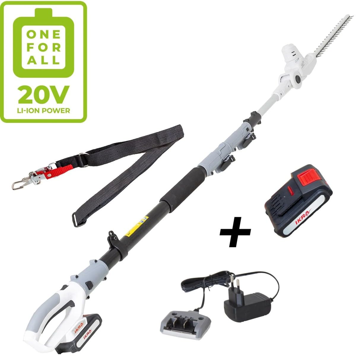 Ikra - Tamaño de seto inalámbrico, 20 V, hoja de 40 cm, batería de litio de 2,0 Ah + cargador de 20 V, palo telescópico hasta 4 m