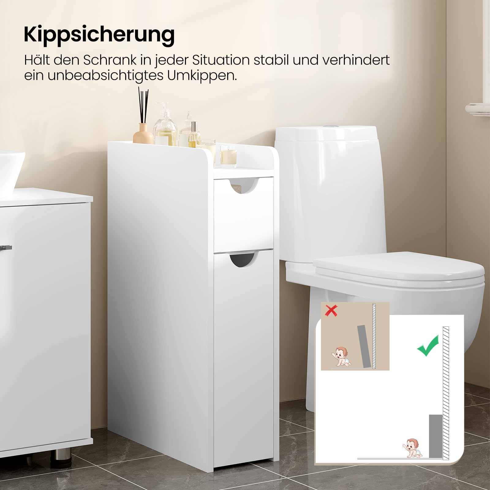 EUGAD Badezimmerschrank klein, Badschrank schmal, Nischenschrank Kleiner Schrank für Toilettenpapier, mit Schublade auf Rollen, Aufbewahrungsschrank stehend, Weiß