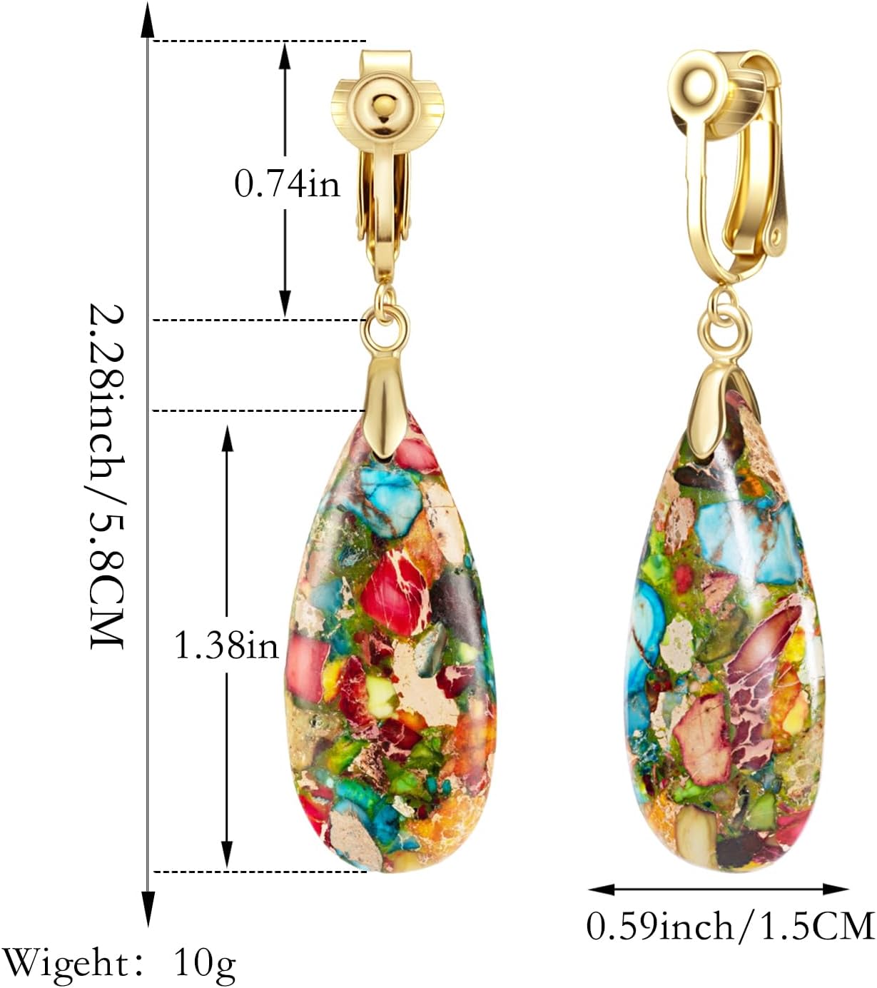 XGALBLA Boho Long Teardrop Stone Clip on Earrings for Women Natural Healing Stone Statement Earrings Non Pierced Gold Tone