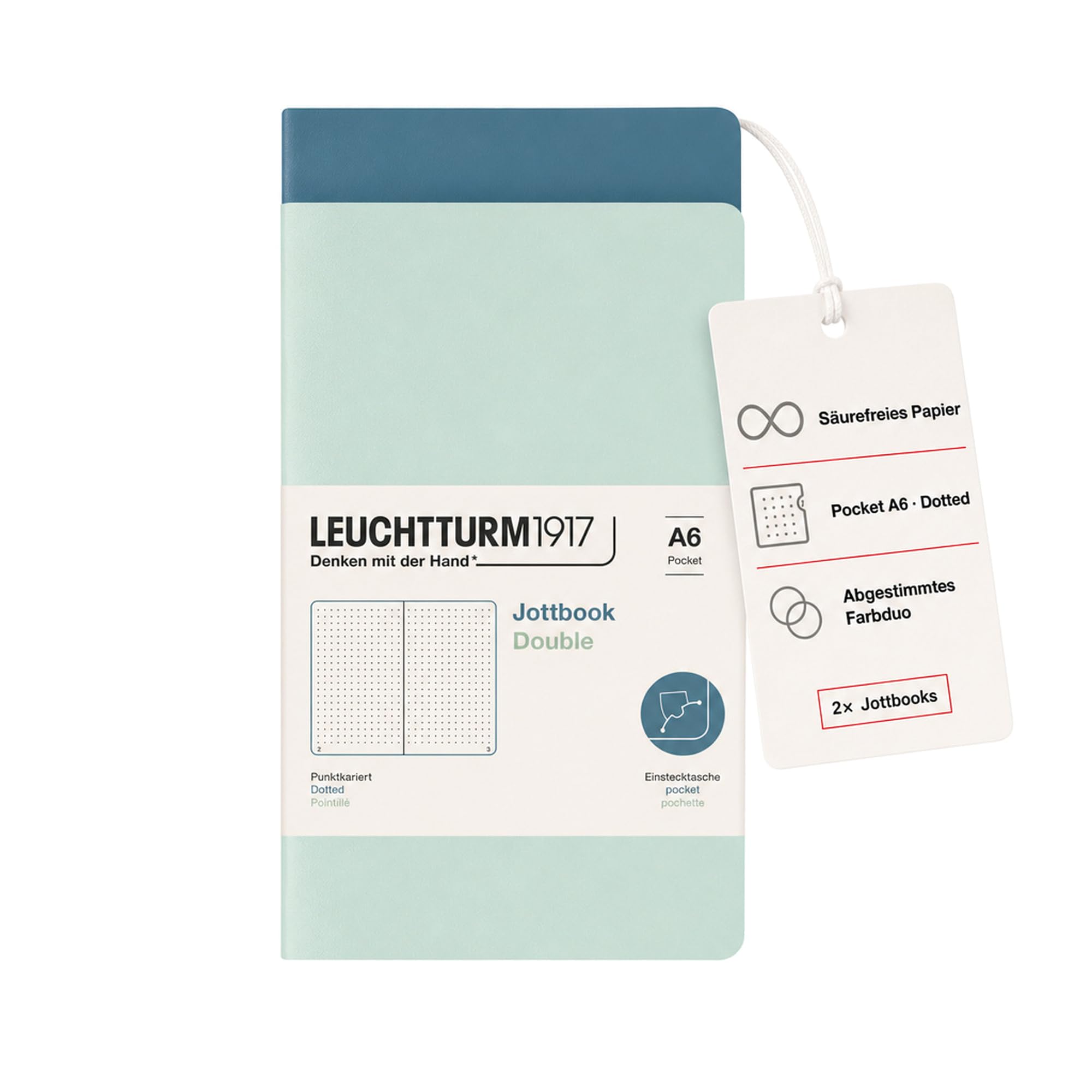 LEUCHTTURM1917 372400 Jottbook A6, 59 Numbered Pages, Pack of 2, Mint Green and Stone Blue, Dotted