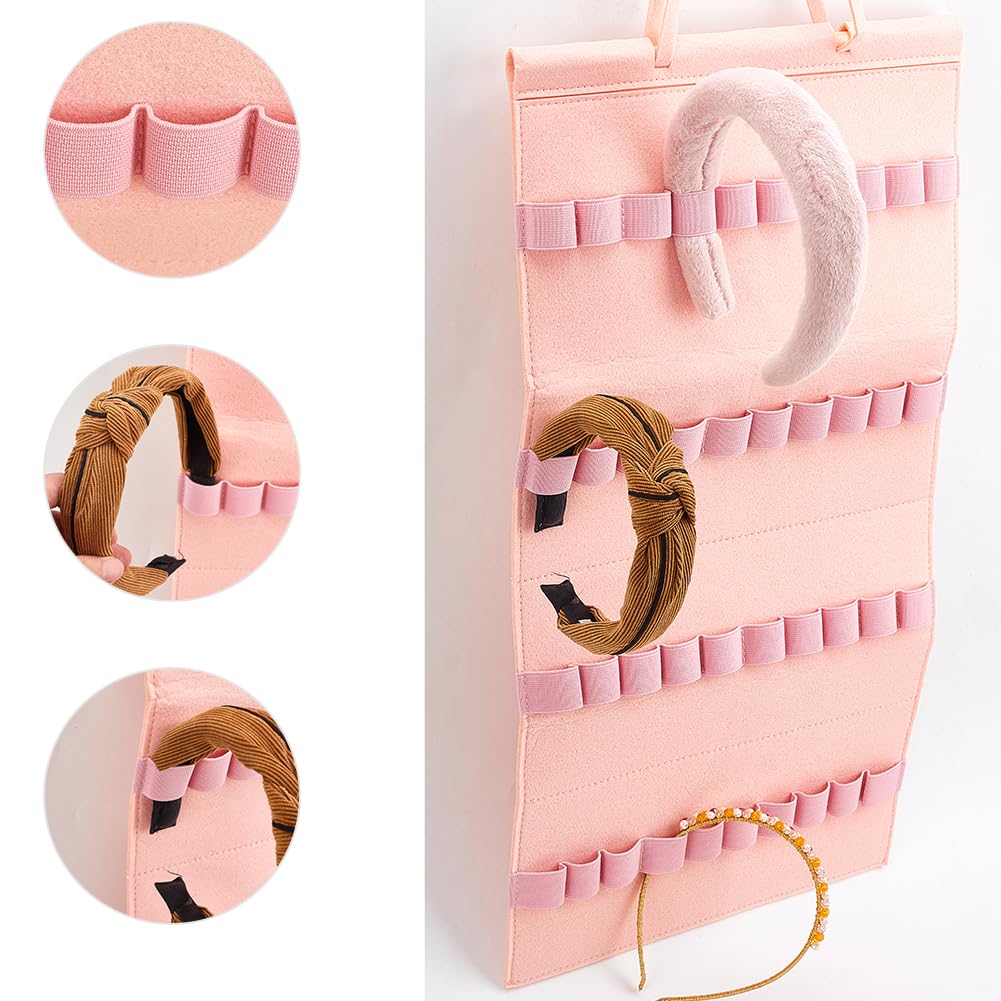 DELORIGIN Felt Hanging Headband Holder with 40 Elastic Bands Bow Hanger Pink Wall Headbands Display Organizer Ribbon Hair Hoops Storage Hairbands Hair Accessory Holder for Home Women Hair Bows - Image 3