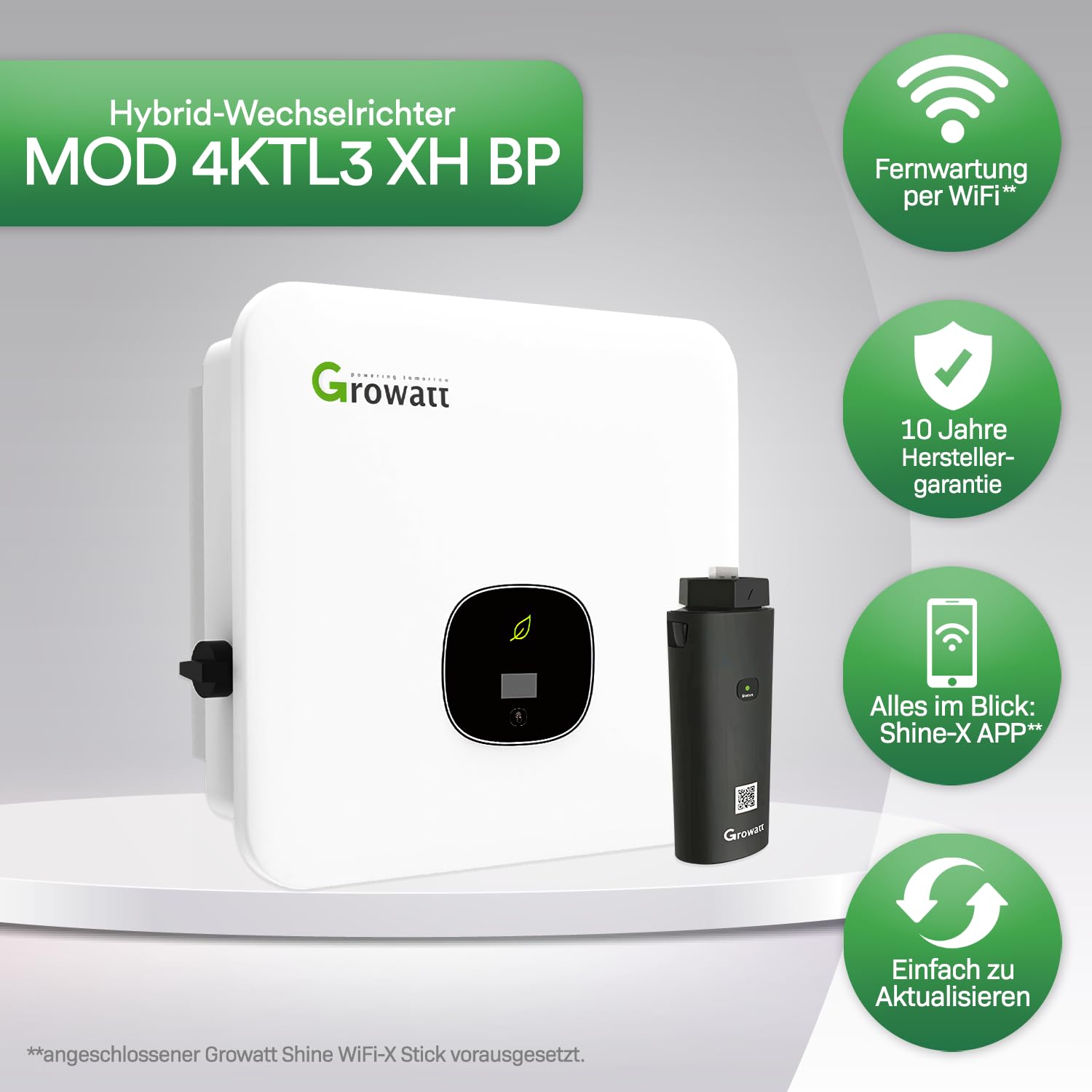 Growatt Wechselrichter 4kW MOD 4KTL3 XH BP Hybrid Inverter/Solarwechselrichter mit integrierter Batterieladefunktion, 3 Phasen, 2 MPPT Tracker, aktiver Lichtbogenschutz