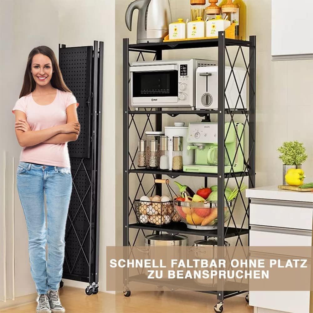 STREND PRO Klappbares Regal mit Rollen, 4 Etagen Faltbare Aufbewahrungswagen Einheit, Rädern 200 kg Tragfähigkeit, Lagerregal, Metallregal Schwarz, Klappregal für die Küche, Büro