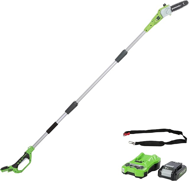 Greenworks G24PS20K2 Cordless Pole Saw, 20cm Bar Length, 6.7m/s Chain Speed, 3.2kg, Auto-Oiler, 50ml Oil Tank, 2.6m Pole Reach, 24V 2Ah Battery & Charger, 3 Year Guarantee