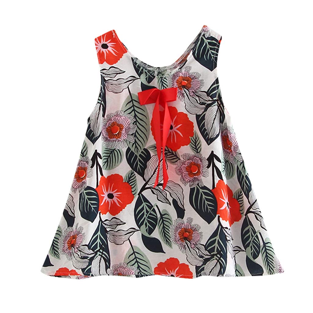 Girls Casual Summer Floral Sleeveless Dress Toddler Baby Girls Sleeveless Floral Print Bow Dresses Casual Clothes