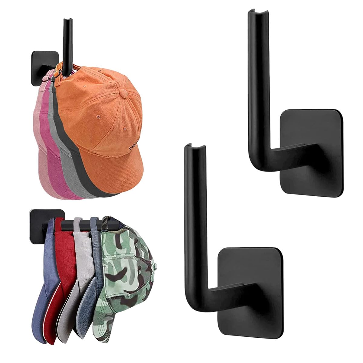 Goodern 2 Pack Hat Racks for Baseball Caps,Self-Adhesive Hat Hooks Hat Organizer for Wall Hat Hanger Decorative Cap Holder,No Drilling Coat Holder Hat Storage Organizer for Door,Bedroom,Closet-Black