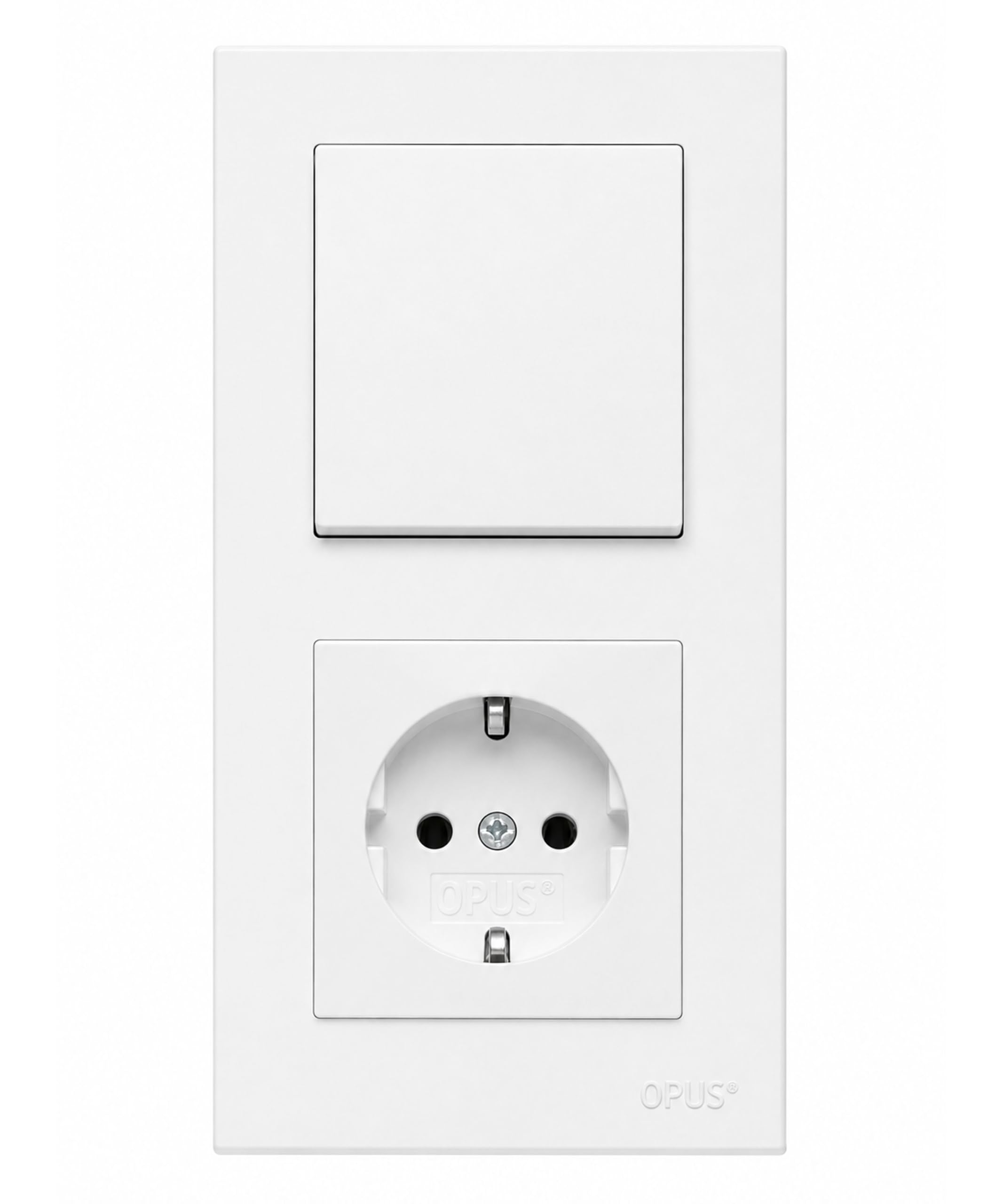 JÄGER OPUS KUBUS 1x Schuko Steckdose und 1x Universalschalter Aus/Wechsel mit Wippe und 2-fach Rahmen, erhöhter Berührungsschutz, 250 V 16 A und 10 A, 55 mm System, Unterputz, Polarweiß matt