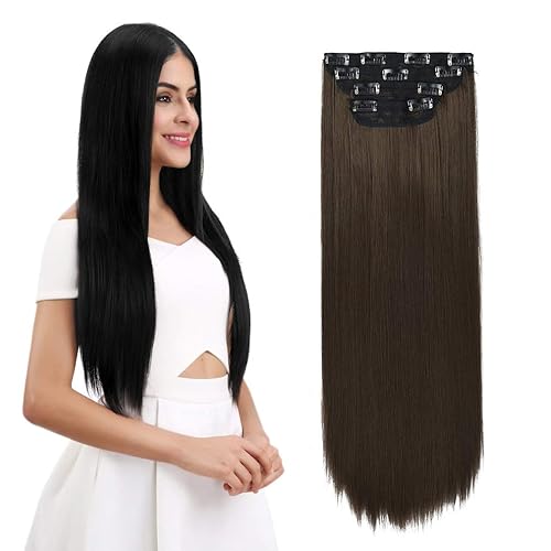REECHO - Juego de 4 extensiones de cabello con clip de 26pulgadas, lacio, superlargo y grueso, marrón ceniza medio