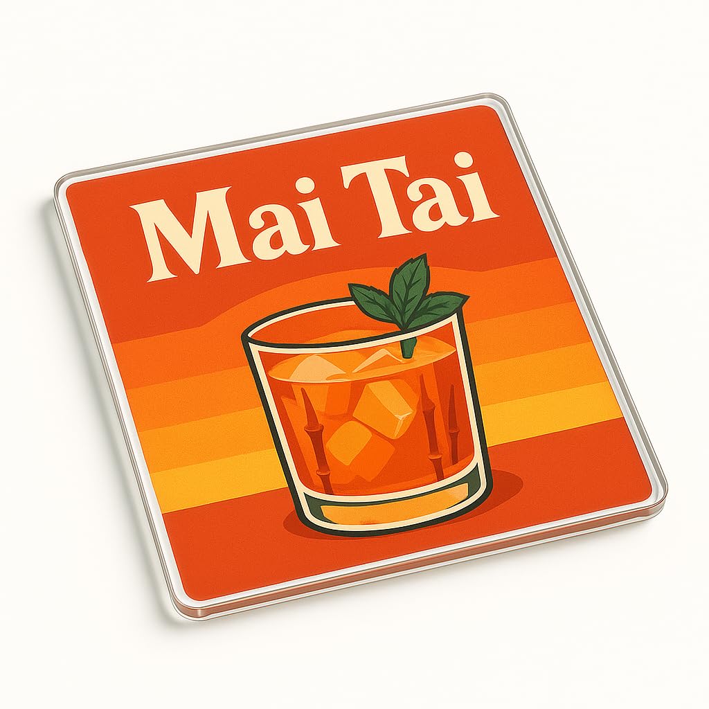 Classic Cocktail Retro Acrylic Coaster Gift - Tiki Sunset Charm Mai Tai with Mid-Century Modern Cocktail Design for Home Bar Decor