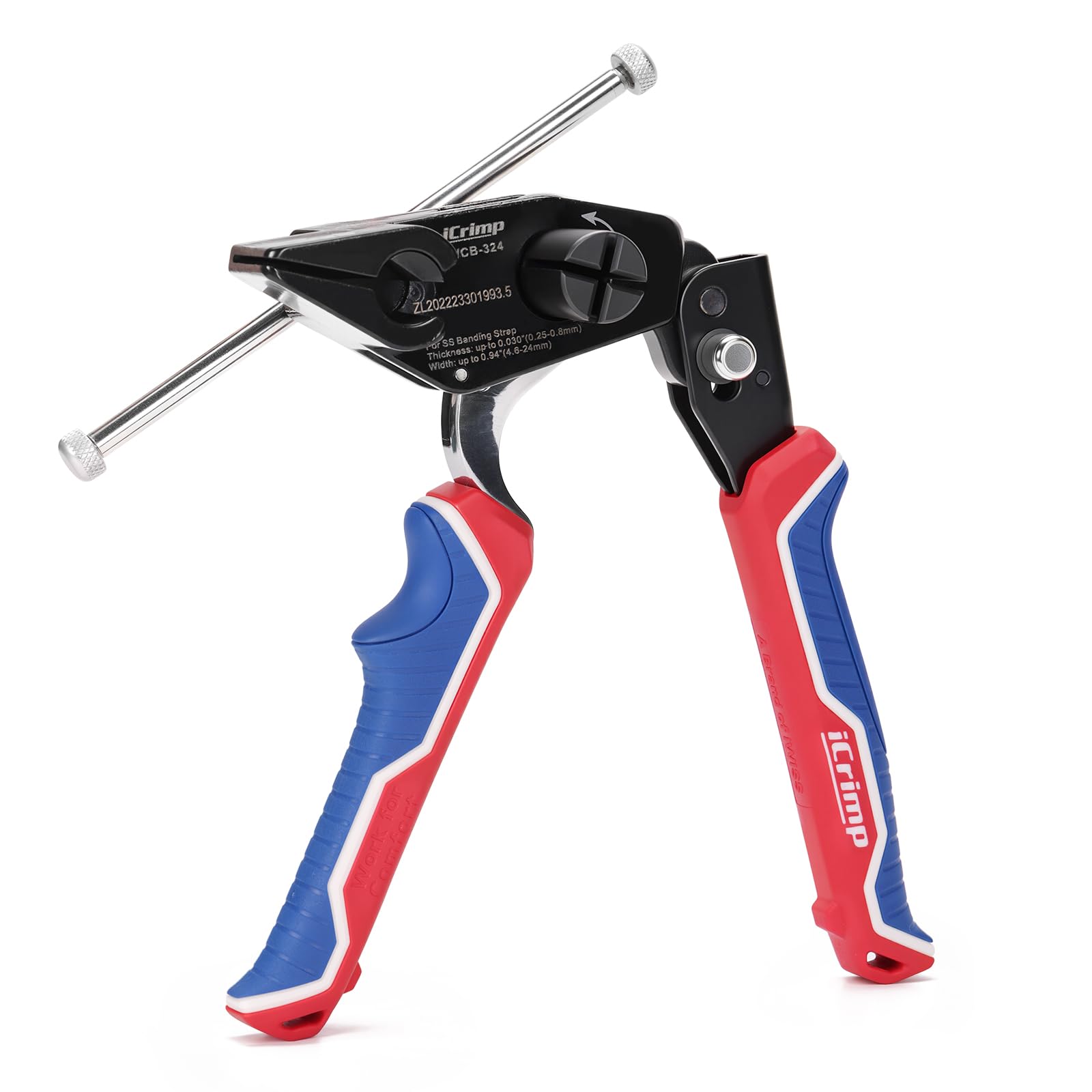 IWISS WCB-324 Herramienta de bandas de acero con funciones de tensión y corte, para sujetar sellos de ala, clips en L, hebillas de oreja en correas de acero inoxidable de hasta 24 mm de ancho