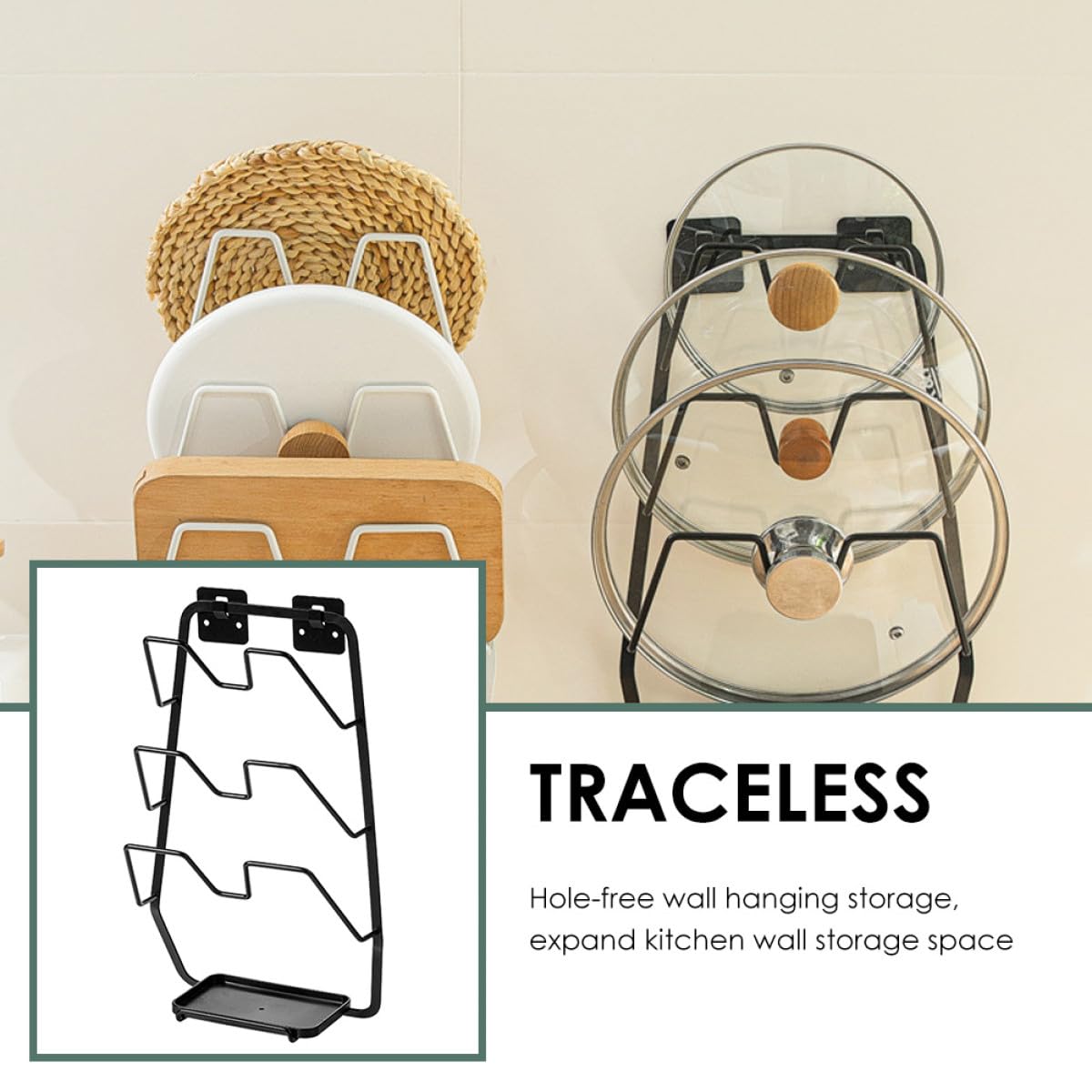 Wandhängender Topfdeckelhalter aus Eisen und Kunststoff, ohne Bohren