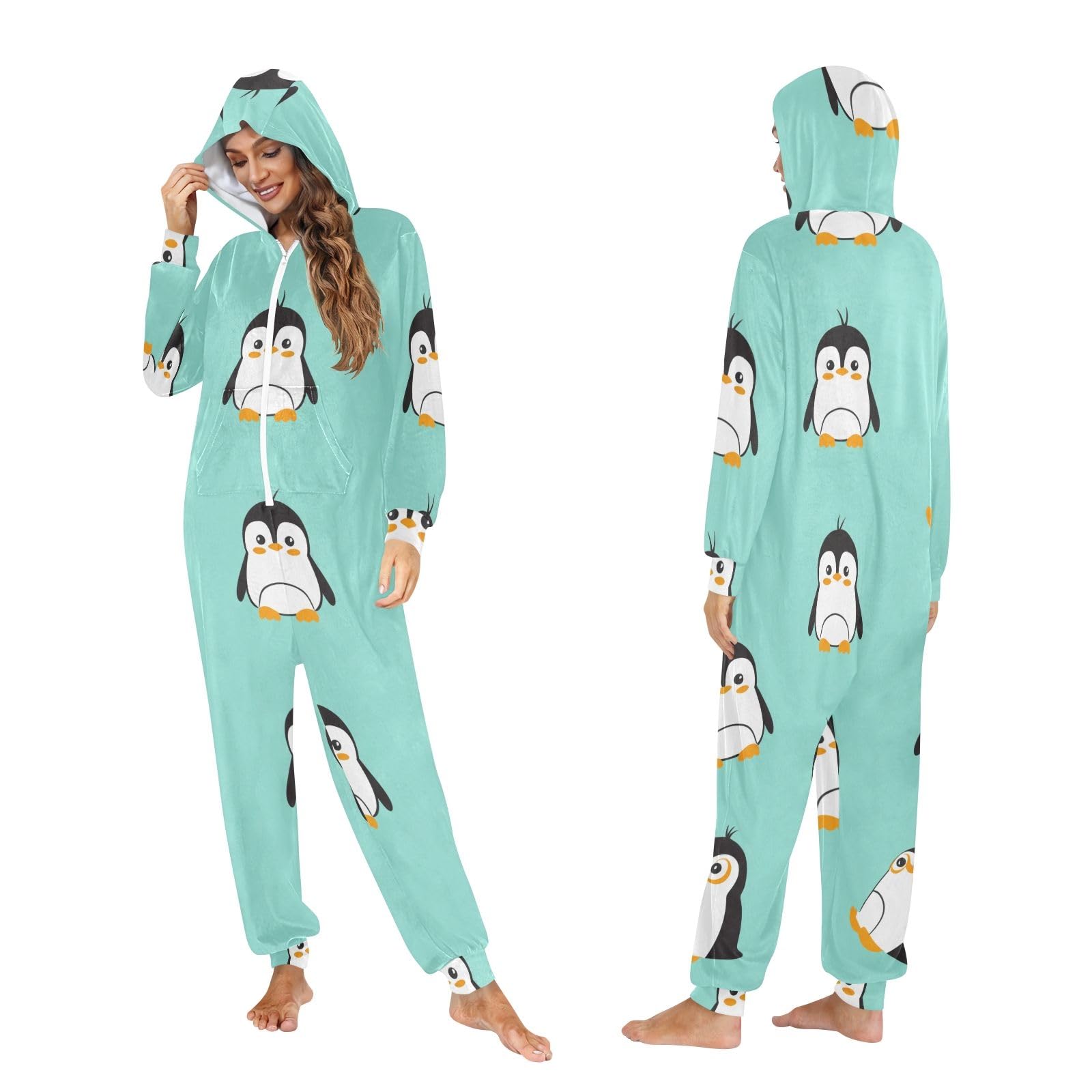 Pigiama intero natalizio con pinguino carino verde adulto tuta con cappuccio cerniera tuta in pile loungewear per donne uomini