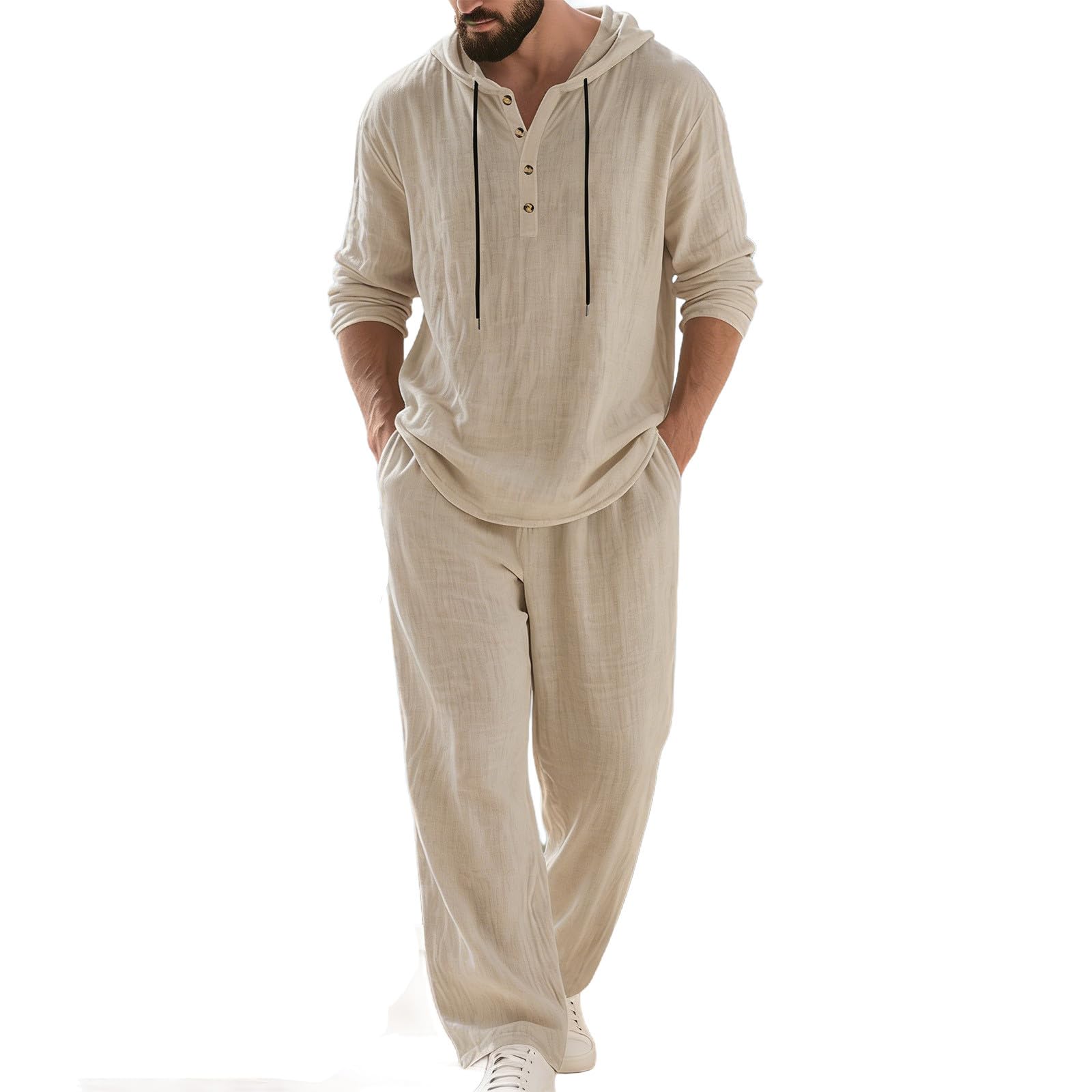 Ensemble Homme 2 Pièces en Lin Printemps Été 2026,T-Shirt À Capuche Et Pantalon Tenues D'Été Manches Longues Ensemble Jogging Homme Chemise Boutonnée Survêtement Ensembles Streetwear Loisirs