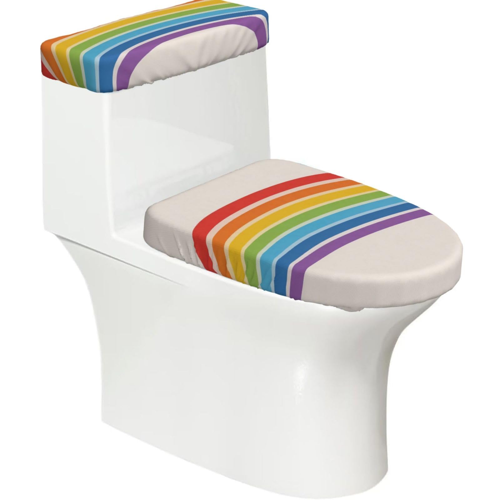 Rainbow Arc Layer Elastic Toilet Cover Set of 2-Stretchy Lid and Tank Covers for Bathroom, Soft Washable U Shape Toilet Decor