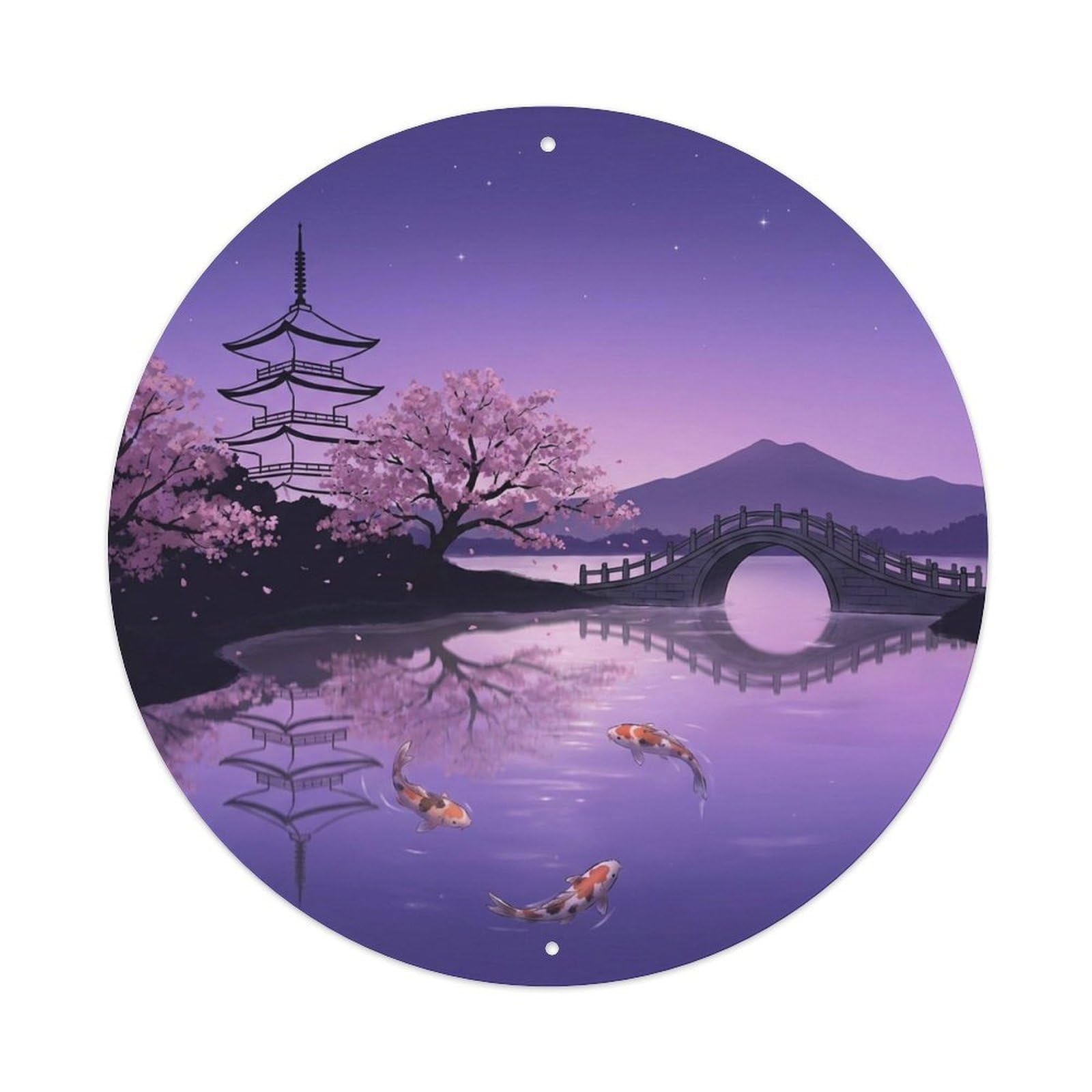 Olyhtr 8X8inch Classic Style Twilight Purple Sky Japanese Koi Garden Style Metal Tin Sign