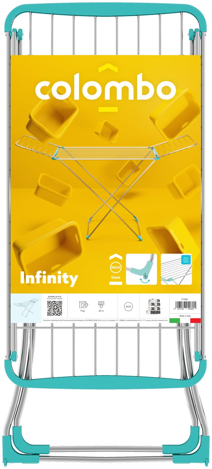 Colombo | Infinity Stendibiancheria Pavimento con Ali, 20m di Stenditura | Stendino con 4 Ali Estensibili e Ruote, in Acciaio Inox e Alluminio | Capacità 9kg | Made in Italy