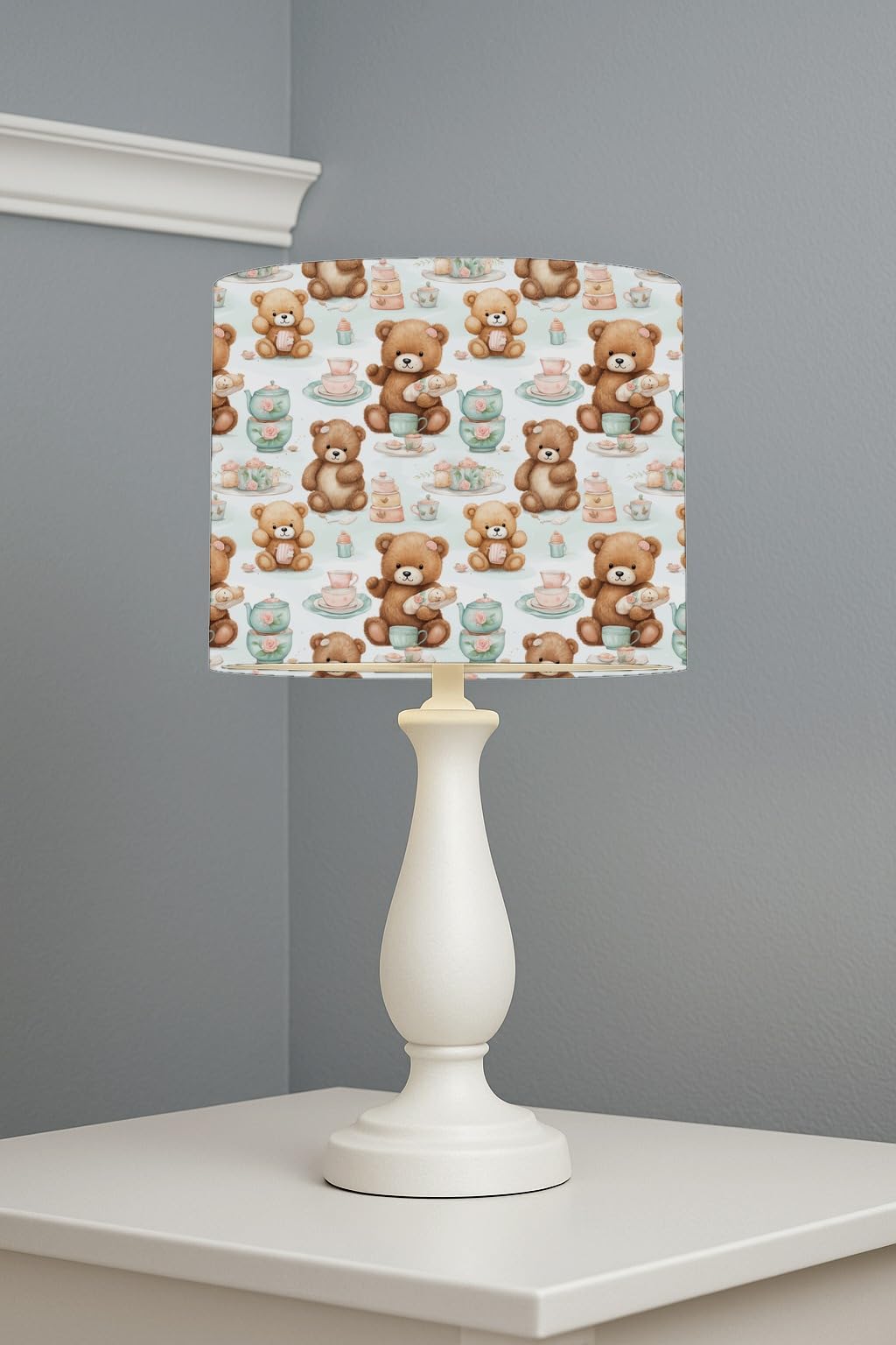 Teddy Tea Party lightshade – 20 x 18.5cm Table Drum Shade | E33BB8