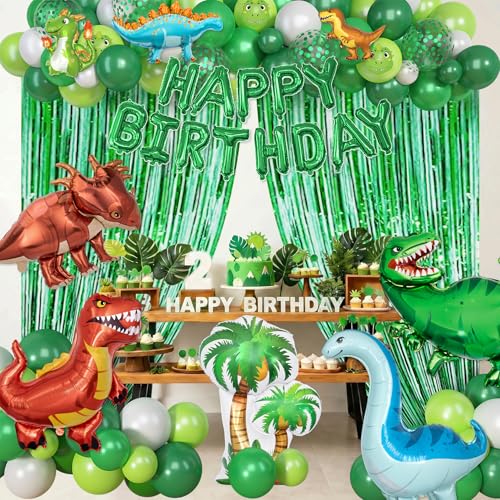 Image of Ouddy Life Dinosaur Balloons Birthday Party Decorations Fringe Curtain | 123Pcs Lime Green White Happy Birthday Dino Foil Balloons Garland Arch Kit for Boys Dino Jungle Safari Baby Shower Supplies
