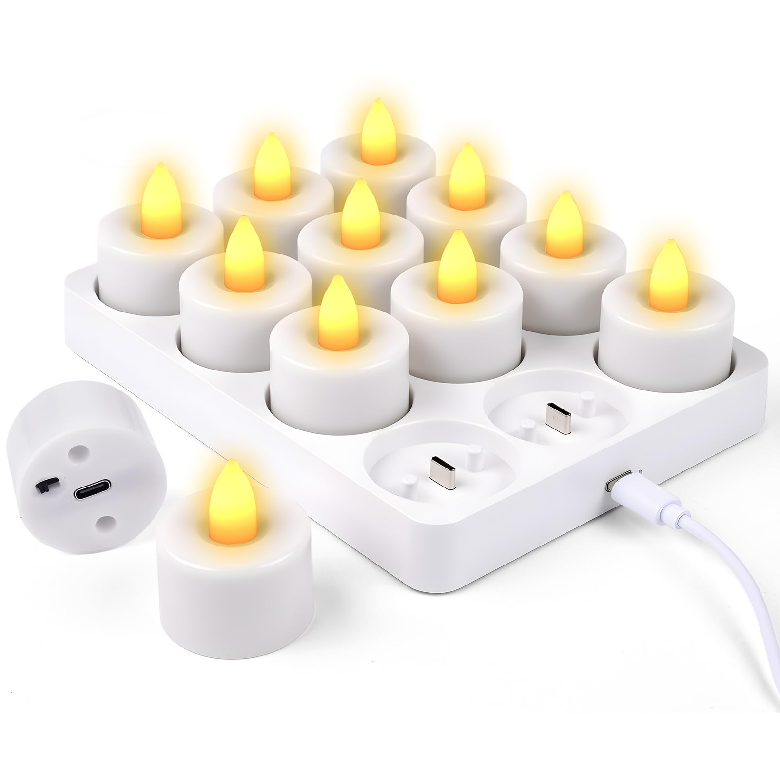 12 Pezzi Candele LED Ricaricabili, Ricaricabili Tea Light con Stazione di Ricarica & Telecomando, Luci Tè con Timer e Fiamma Tremula Realistica, Decorazioni Sicure per Casa, Natale, Matrimonio e Feste