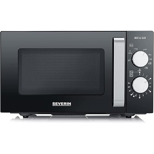 SEVERIN Forno a microonde 2 in 1 con fondo in ceramica e grill, forno a microonde per scongelare e riscaldare, con grande superficie utile per stoviglie quadrate, nero/acciaio inox, MW 7762