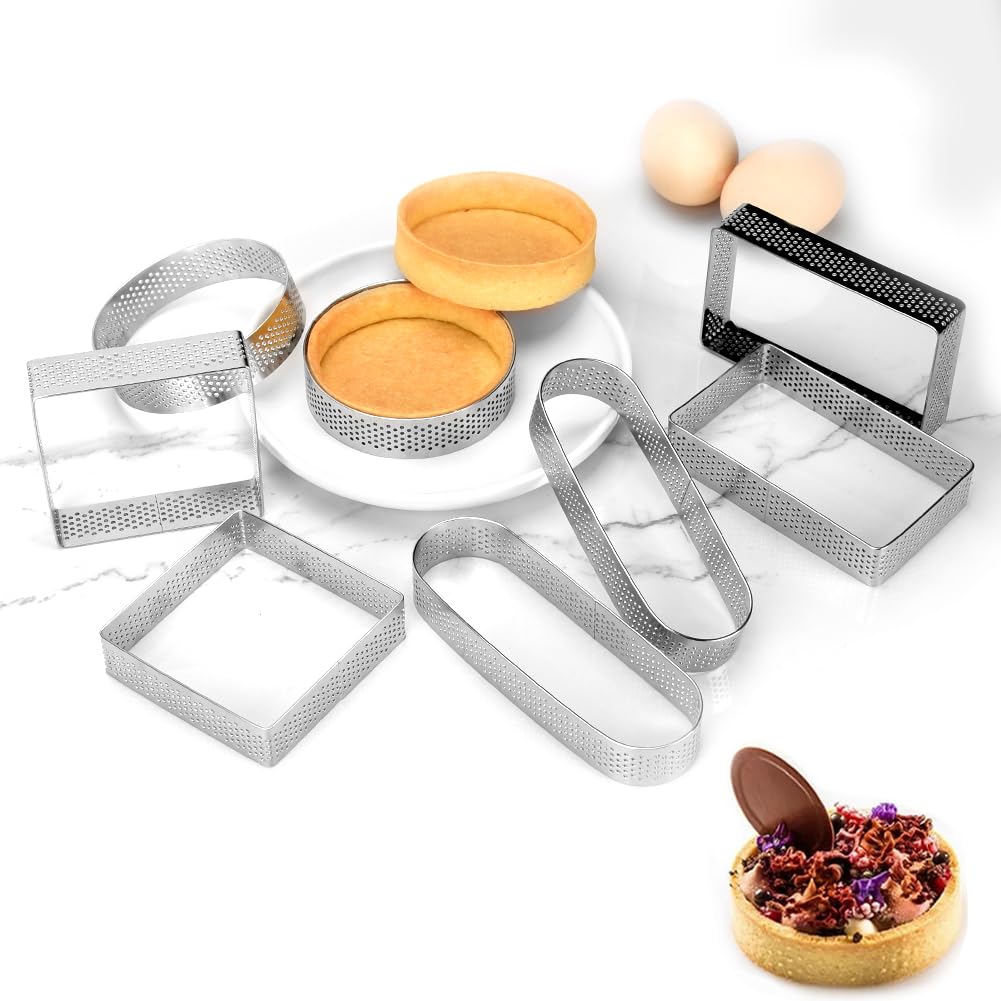 Guowall Perforated Tart Ring Set, Muffin Rings Cake Mould Stainless Steel Pastry Rings for Baking Crumpets Desserts (8 Pieces)