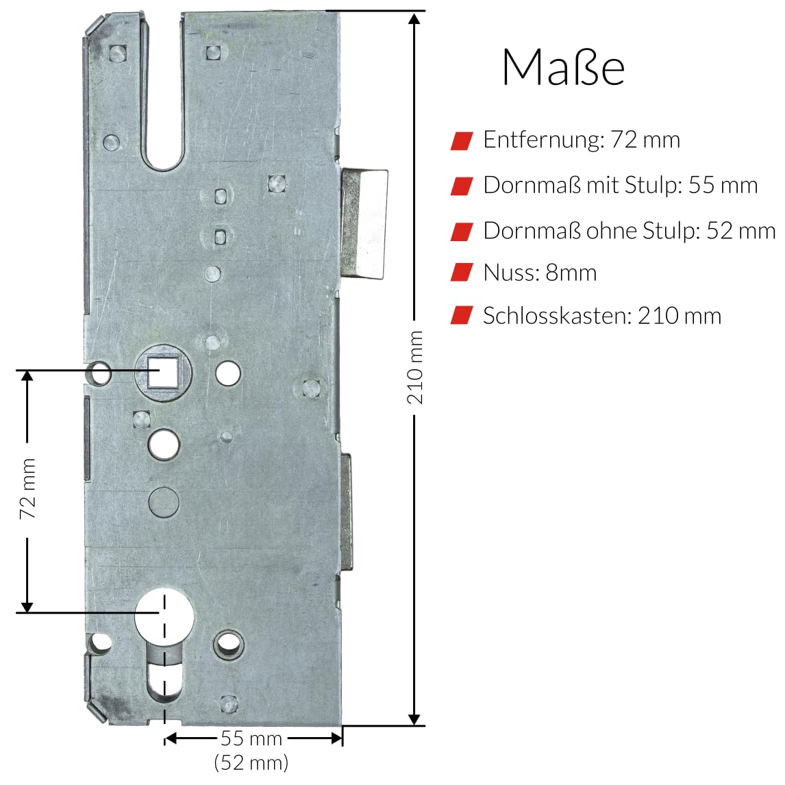 KFV Reparaturschloss 8072 | Einsteckschloss Renovierungsschloss für Mehrfachverriegelungen - Schlosskasten zur Reparatur oder Instandsetzung | Entfernung 72mm, Dornmaß 55mm