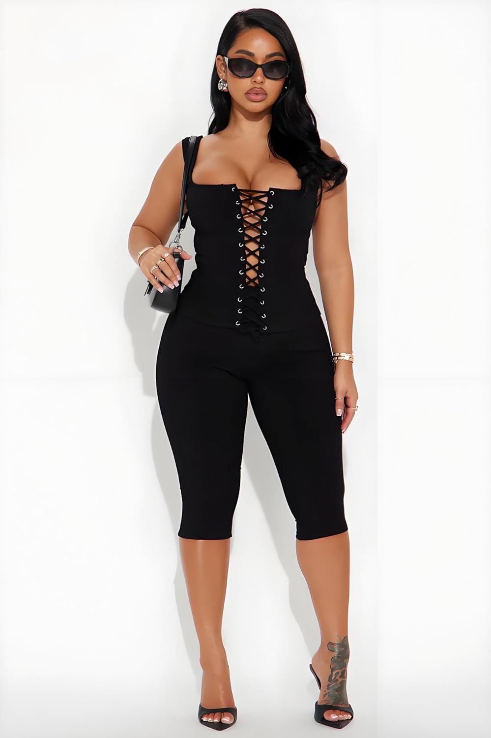 Two Piece Sets for Women Summer Workout Set Sleeveless Sexy Tie Down Tank Top Bodycon Capri Pants Sets Club Outfits - Image 4