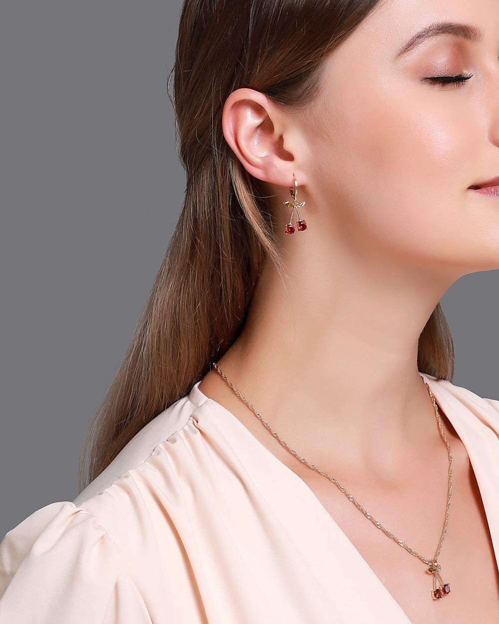 coadipress Red Crystals Cherry Necklace Earrings Sets for Women Sparkly Green Leaf Red Cherry Fruit Dangle Earrings Sweet Cherry Pendent Necklace Fashion Jewelry Accessories - Image 3