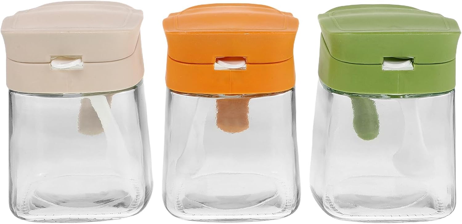 BESPORTBLE 3pcs Glass Spice Storage Jars with Flip-top Lids, Airtight Glass Seasoning Containers for Kitchen Countertop, Condiment Storage Jars in White, Green, and Yellow Colors