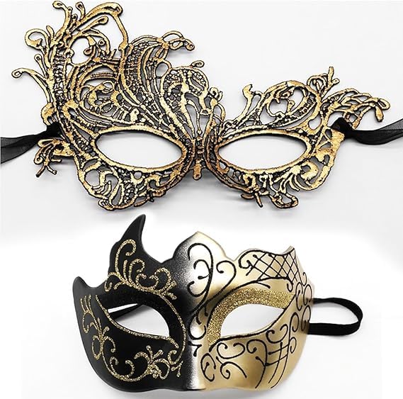 HWZENQZ Masquerade Mask for Couple，Cosplay Venetian Party Mask， thickened lace Eyemask， Halloween, carnival mask. (Black gold)