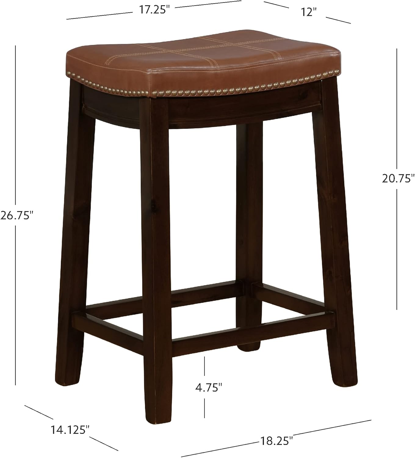 Linon Home Decor Kingston Dark Brown Wood with Cognac Faux Leather Upholstered Seat 24 Inch Seat Height Backless Counter Stool