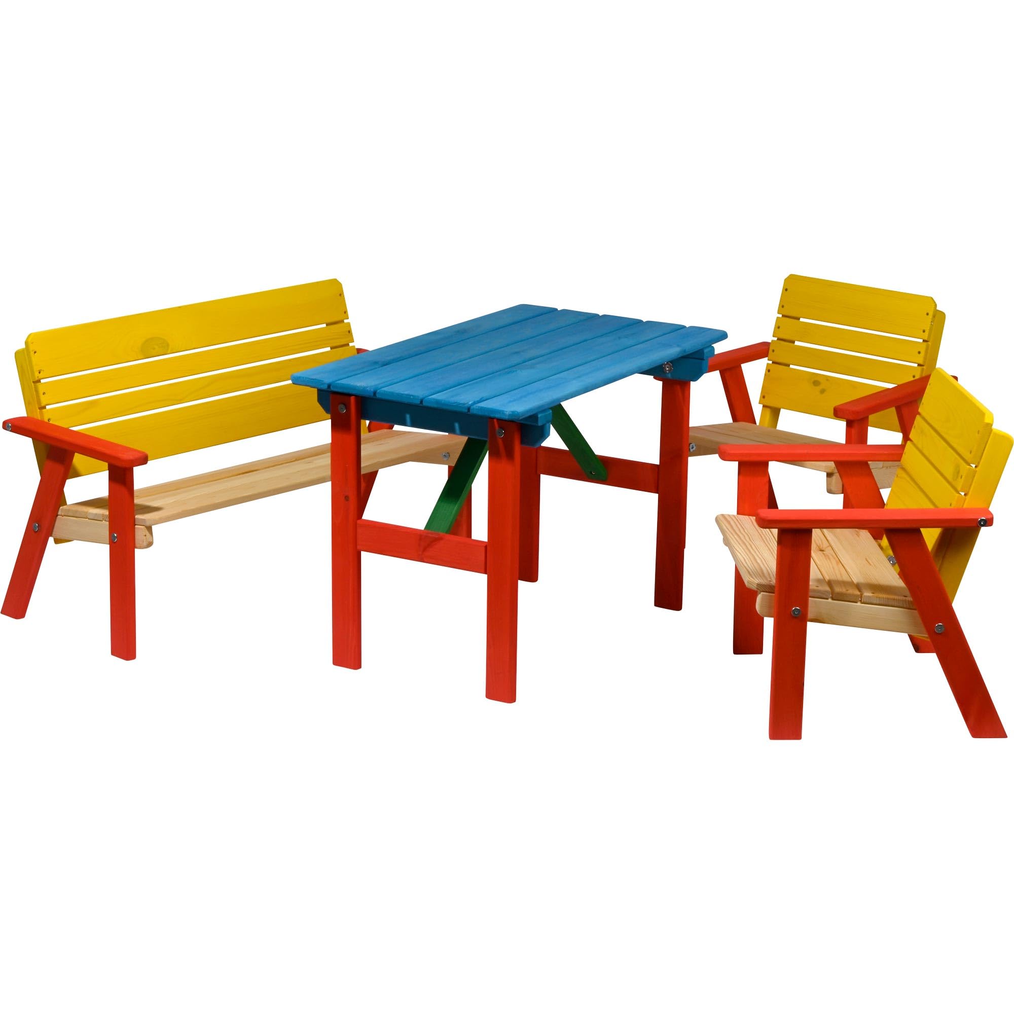 dobar® 94370FSC Kinder Outdoor Sitzgruppe 4 Plätze | 1 Bank, 2 Stühle, 1 Tisch | Picknickgarnitur für Kinder | Kindersitzgruppe Massivholz für Garten/Terrasse | Wetterfest Kindersitzgarnitur | Bunt, Mittel