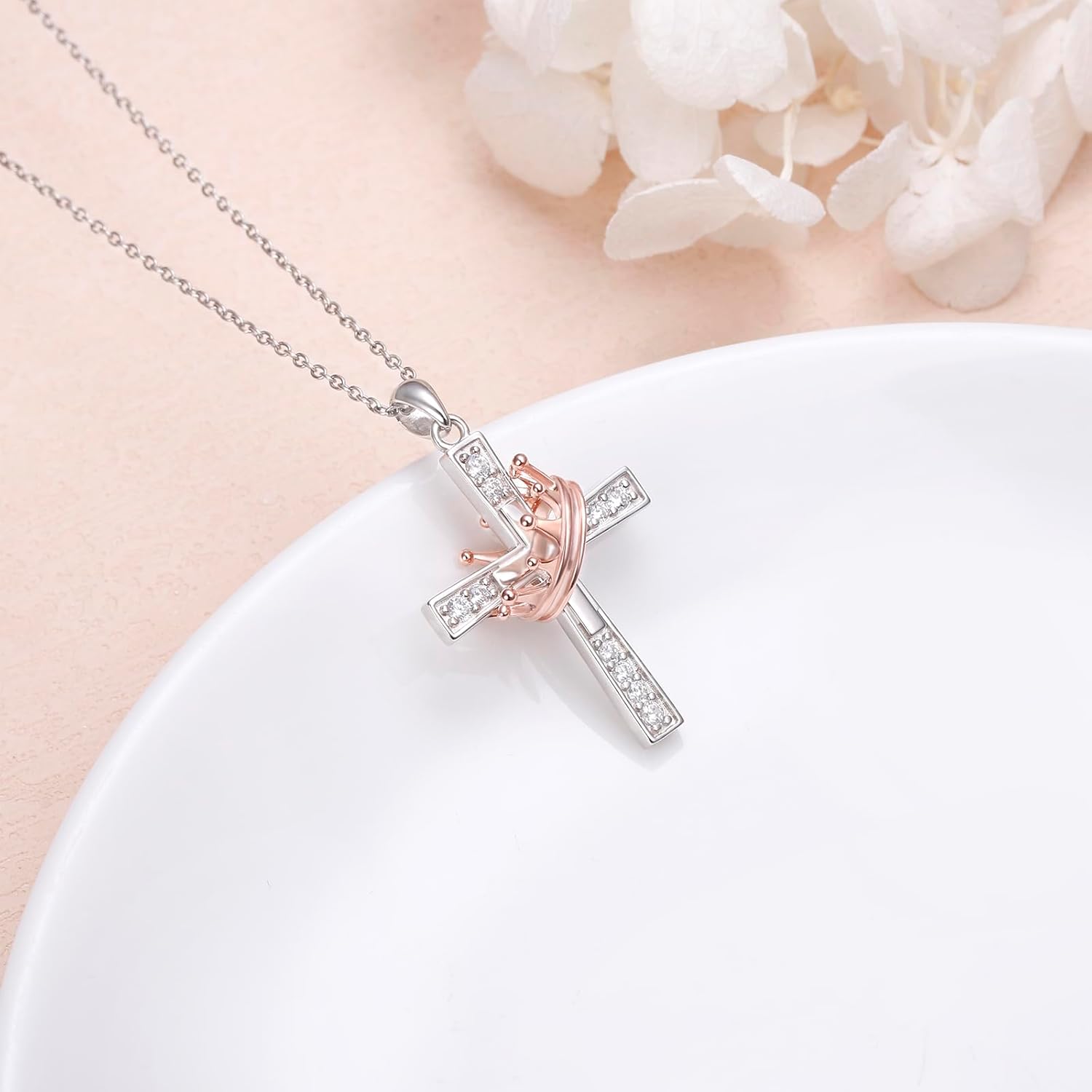 Two Tone Cross Necklaces Crown/Sunflower/Daisy/Hummingbird Necklace 925 Sterling Silver Adjustable Pendant Jewelry Gifts for Women