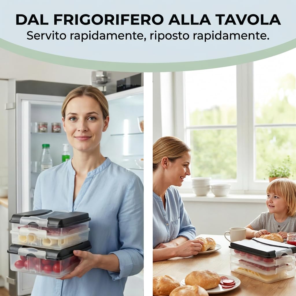 Hausfelder contenitore salvafreschezza per affettati set vassoi frigo, impilabili con coperchio, scatola di conservazione del frigorifero per salumi (3x bassi, 2x alti)