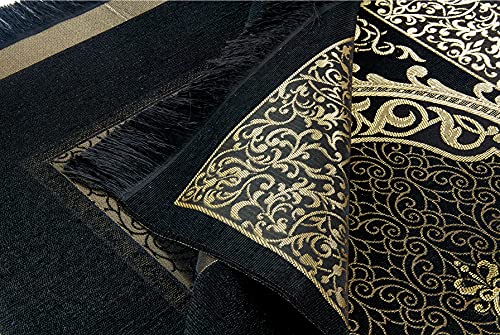 Muslim Prayer Rug And Prayer Beads With Elegant Design Cylinder Gift Box | Janamaz | Sajadah | Soft Islamic Gifts Set | Carpet Mat, Taffeta Fabric, Black #TOP4