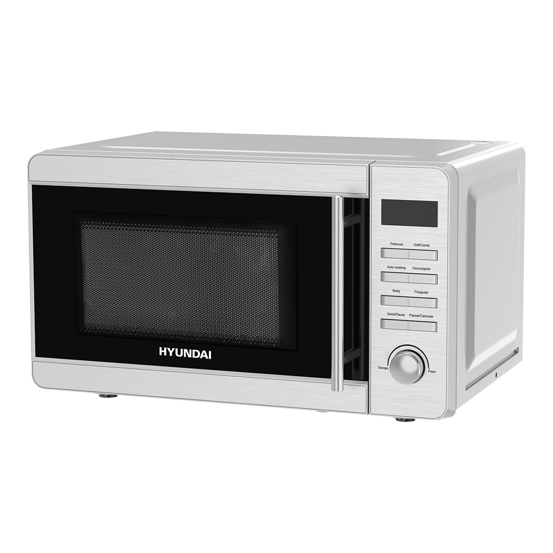 Hyundai Microondas 20 Litros con Grill Inox HME207DGI00. 700W, Grill 800W, 8 Programas, Modo Descongelación, Revestimiento Interior, Fácil Limpieza, Temporizador 60min.
