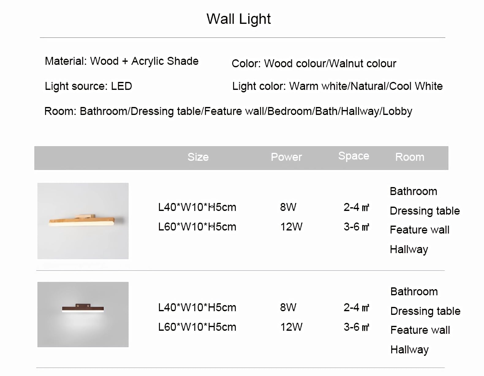 Spiegellampe Badezimmer LED Wandleuchte Lineare Holz Modern Minimalistisch Spiegelleuchte Wandlampe für Toilette Bad Schlafzimmer Flur Lampe Acryl Leuchte (Holzfarbe, Länge 40cm, Warmweiß 3000K)