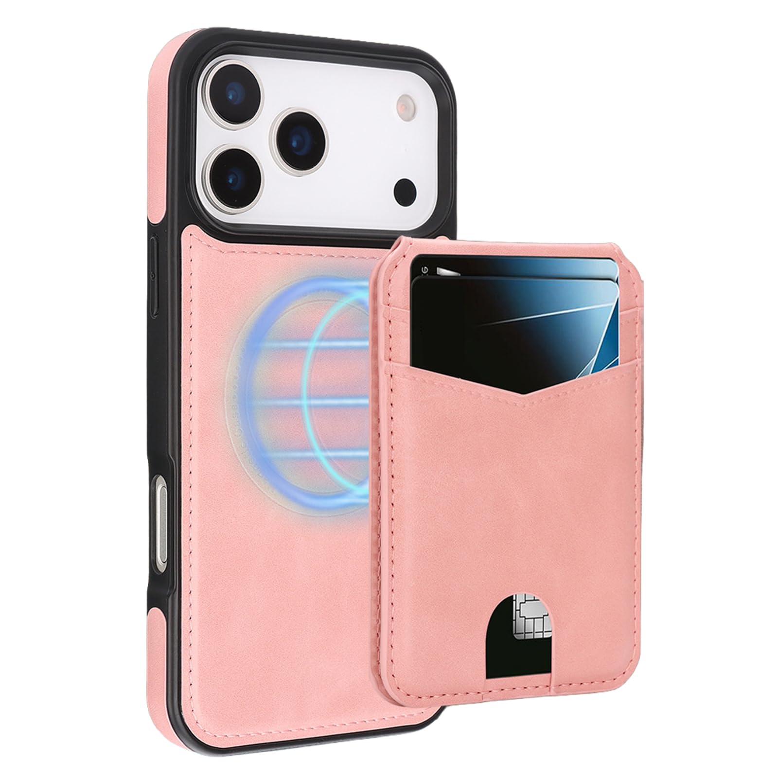 MFAOSHI Magnetic Case for iPhone 17 Pro Max/17 Pro/17 Air/17, Slim Business Detachable Card Holder Leather Cover with Kickstand Function Case,Pink,17 ProMax