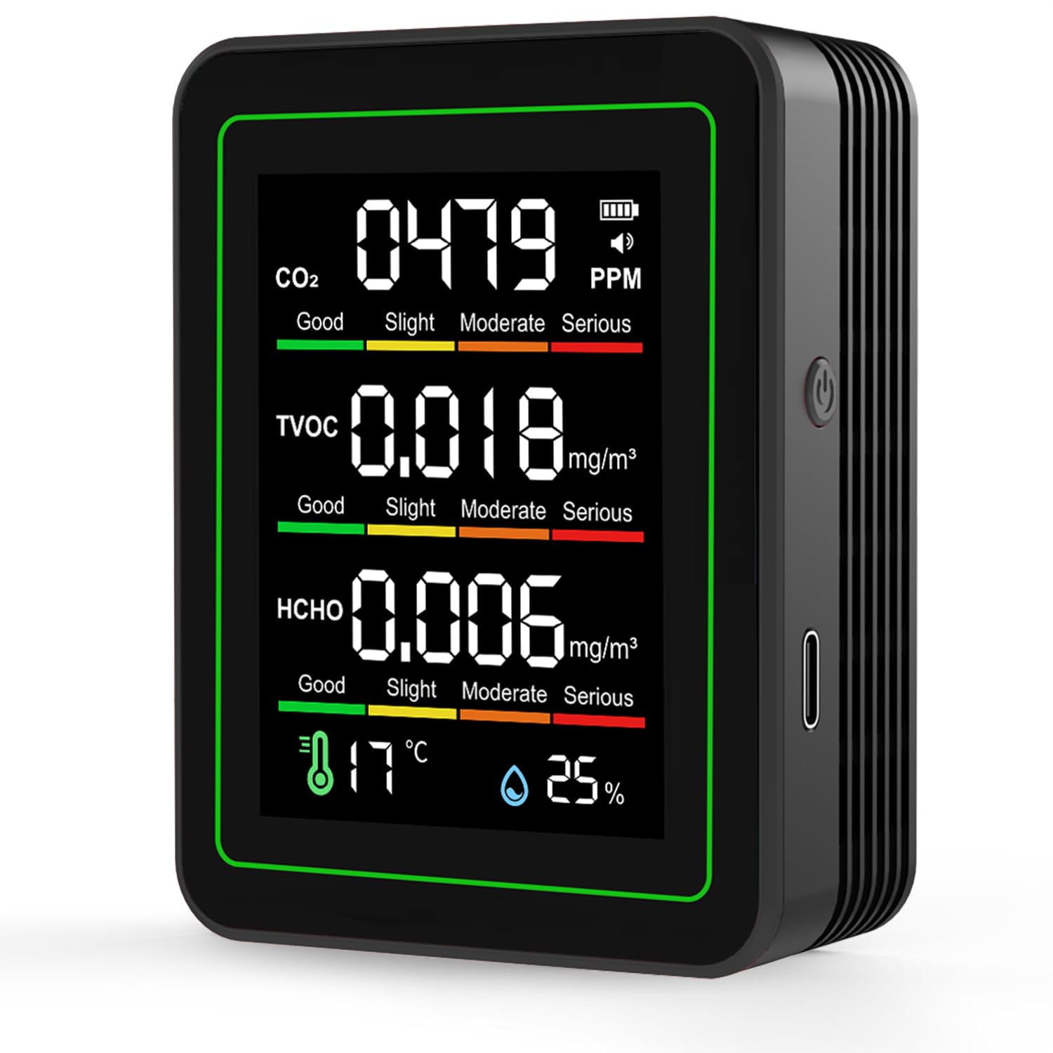 QingRain 5 in1 Professional Indoor Air Quality Tester, CO2 Monitor for Home|CO2 Monitor with Formaldehyde TVOC Detection, Temperature & Humidity Meter-Portable Air Monitor for Confined Space (Black)