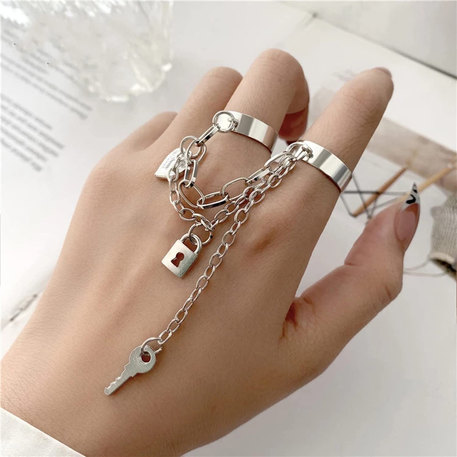 Gold-Toned Lock-Key Chain Rings Set