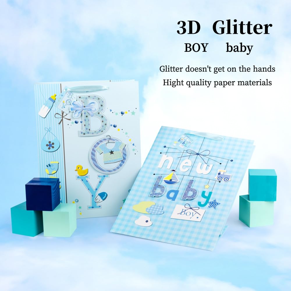 Geschenktüte für Babyparty, 41,9 cm, mit Seidenpapier/Griffen und Etiketten, für Jungen und Baby, 2 Stück
