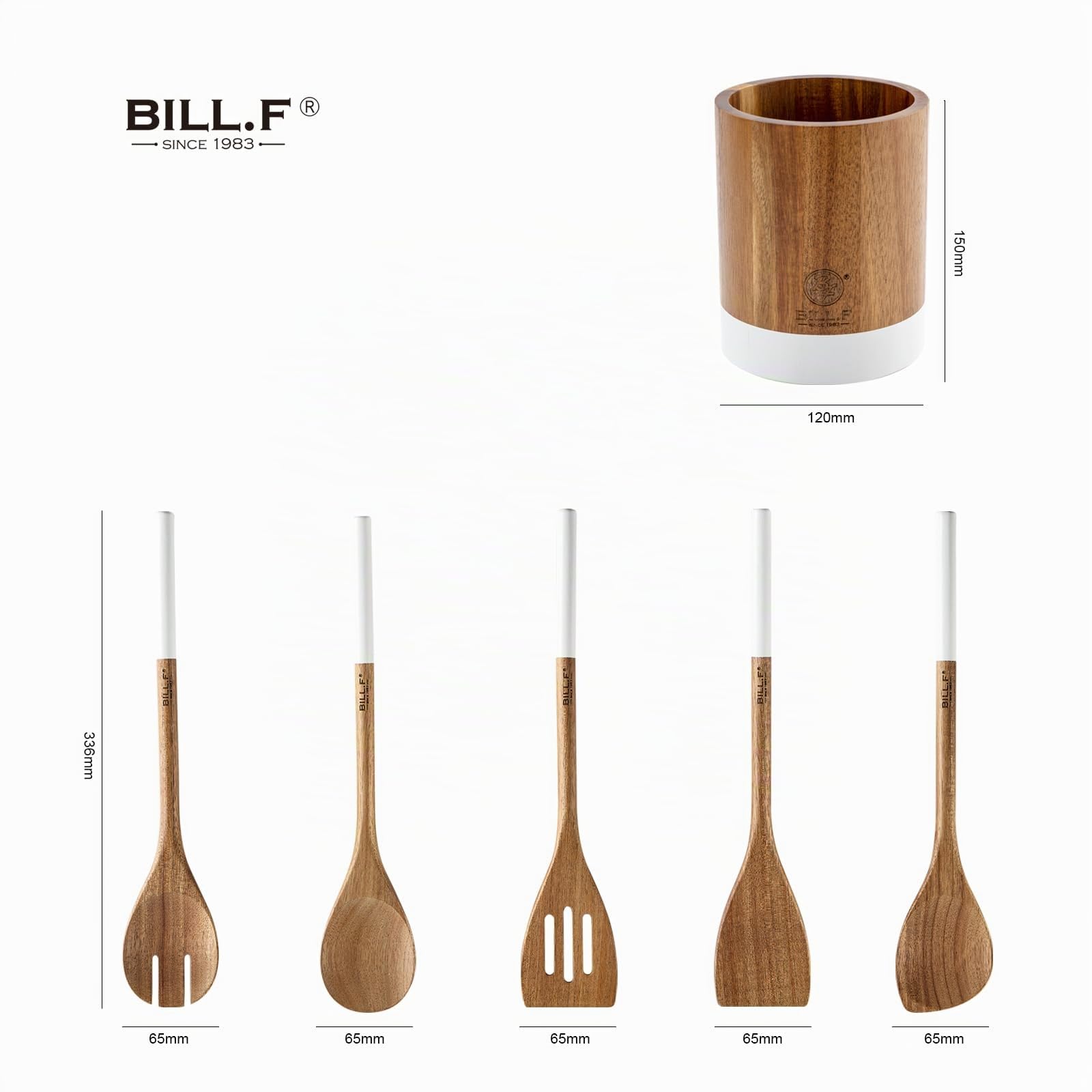Bill.F Lot de 5 ustensiles de cuisine en bois avec poignée blanche, spatule ajourée, cuillère à fente, cuillère à soupe et spatule, anti-adhésifs