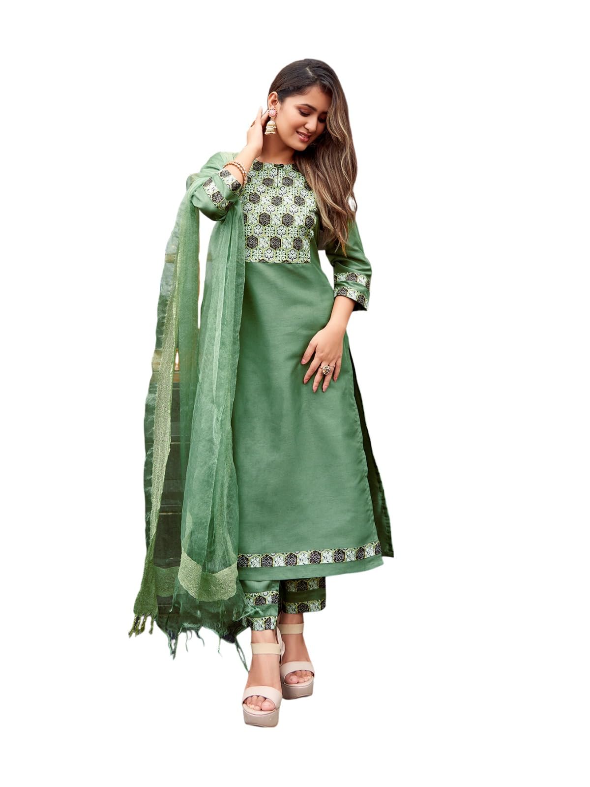 Sanisa Women's Art Silk Printed Straight Kurta With Pant And Plain Dupatta (103Kbd1124Nz-S_Mint Green)