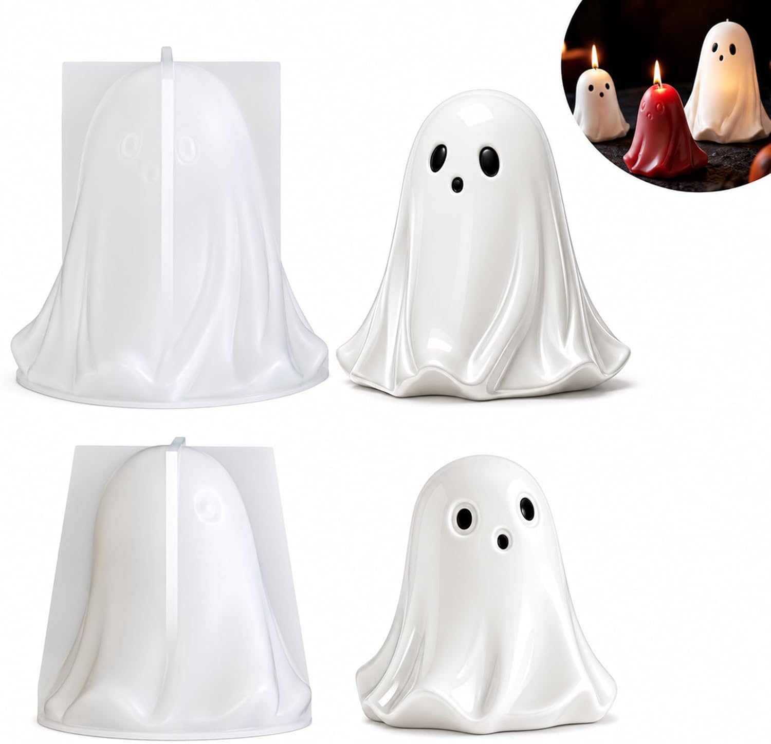 2PCS Halloween Ghost Candle Molds, 3D Cute Ghost Silicone Mold for Candle Making, DIY Spooky Resin Casting Molds for Soap, Wax, Chocolate, Handmade Halloween Home Decor & Party Favors
