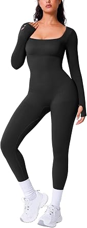 BRXL Long Sleeve Jumpsuit for Women Built-In Bra Yoga Square Neck Full Body Suit