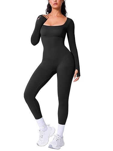 BRXL Long Sleeve Jumpsuit for Women Built-In Bra Workout Yoga Full Body Suits Shapewear One Piece Bodycon Jumpsuits - Large - Black