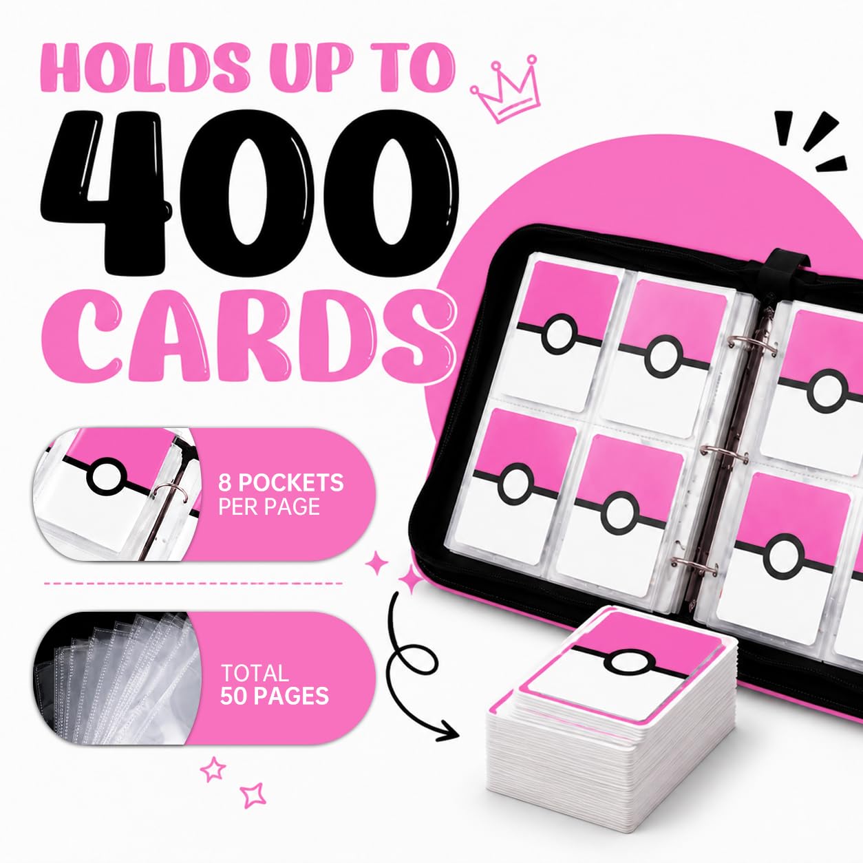 Carpeta para tarjetas coleccionables de 400 bolsillos con 50 fundas extraíbles, álbum coleccionista de tarjetas con cremallera, portatarjetas portátil para tarjetas deportivas, tarjetas de juego