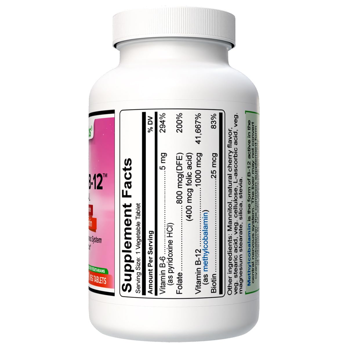 Wonder Laboratories Sublingual Vitamin B12 (1000 mcg), B6 (5mg), Folic Acid(400 mcg) & Biotin (25mcg) - Formulated with Methylcobalamin Vitamin B-12 (250 Tablets) — Amazon image 2